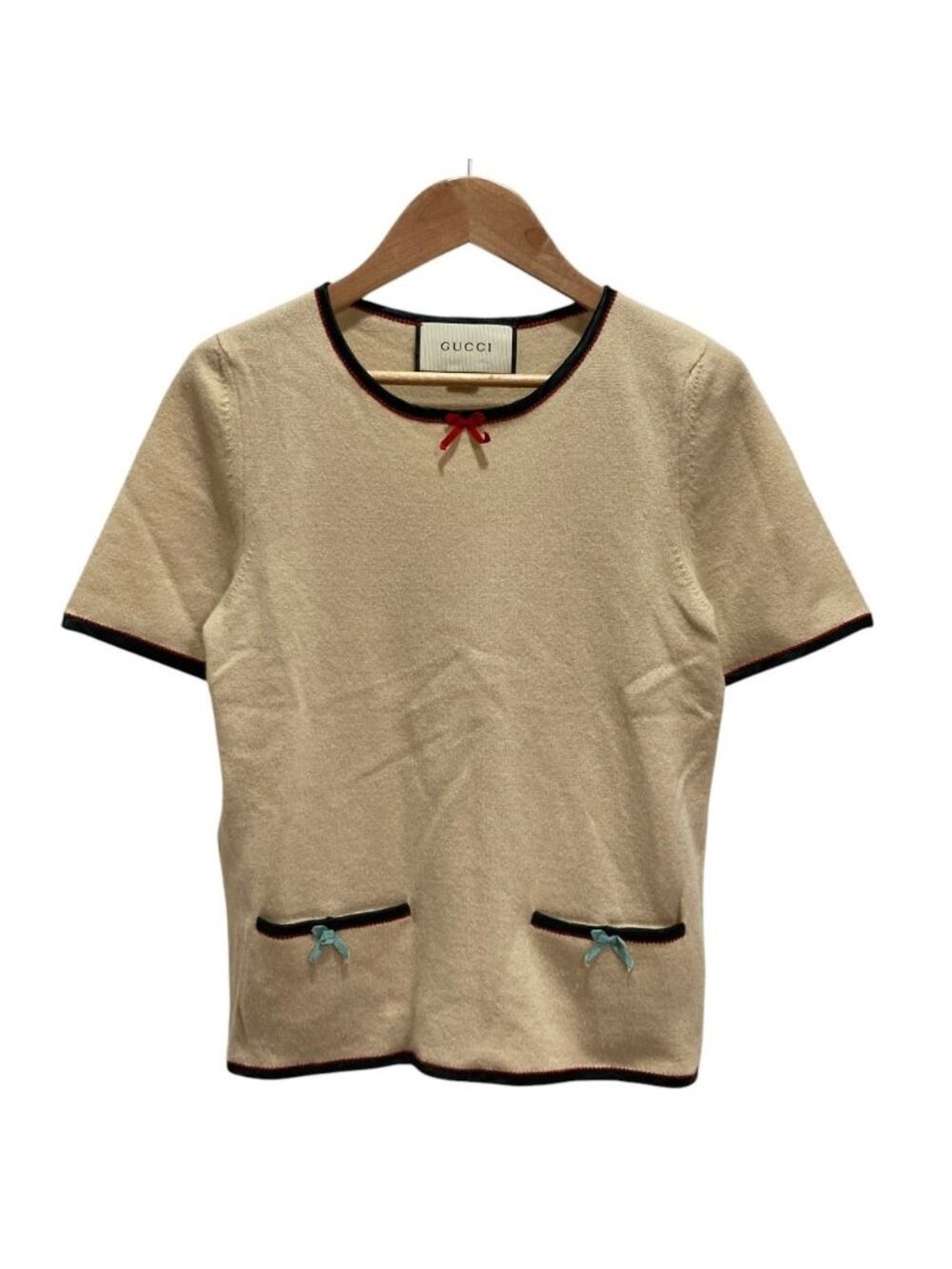 Gucci Ribbon Cashmere Knit Short Sleeve Sweater Beige Spring Summer XS